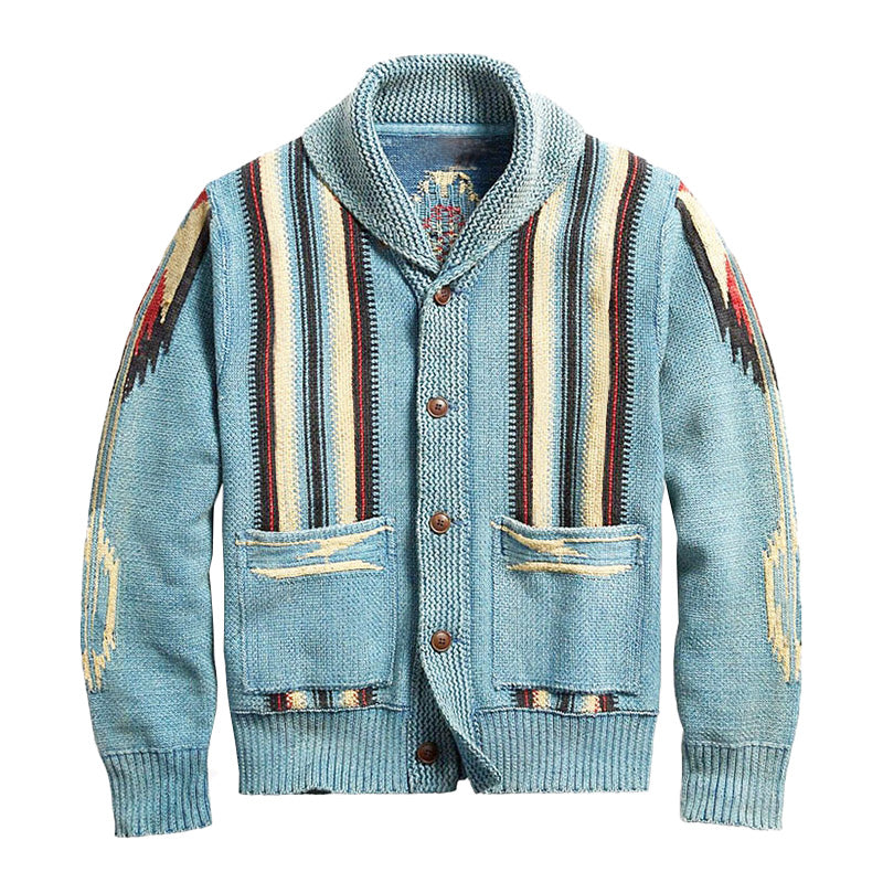Men’s Vintage Knit Cardigan | Southwestern Button-Up Sweater | Warm Shawl Collar Layer