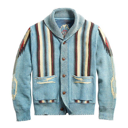 Men’s Vintage Knit Cardigan | Southwestern Button-Up Sweater | Warm Shawl Collar Layer