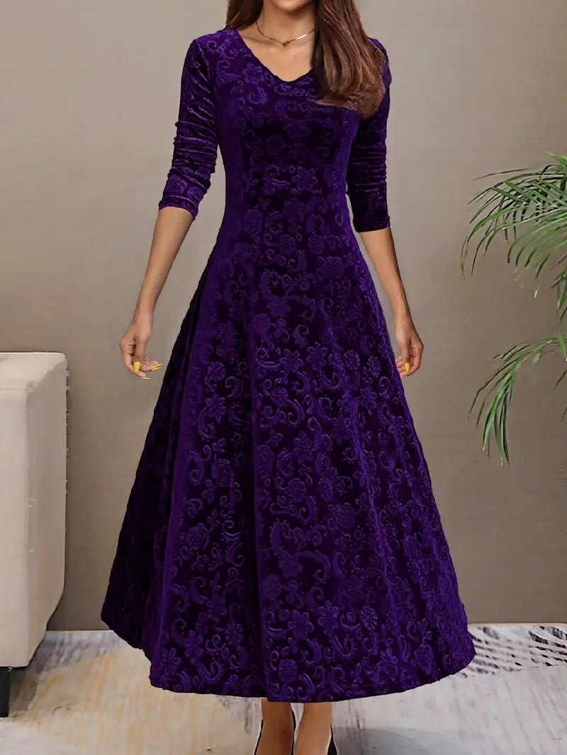 Velvet A-Line Evening Dress | Long Sleeve | Embossed Pattern