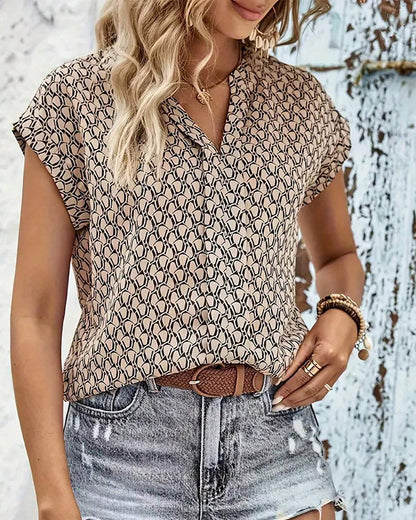 Cap Sleeve Printed Blouse | Lightweight V-Neck | Casual Summer Top
