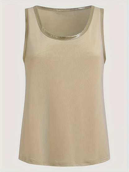 Sleeveless Scoop Neck Tank | Metallic Trim Casual Top | Relaxed Summer Layer