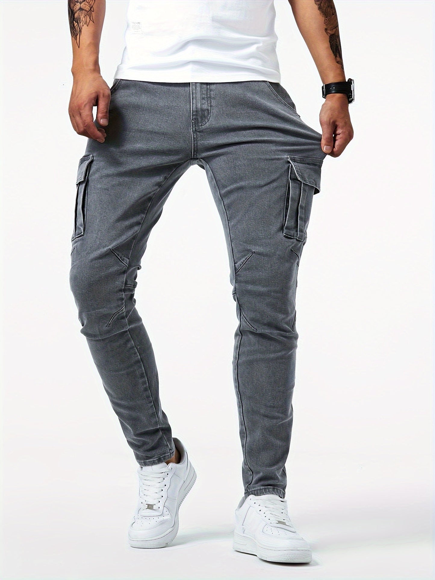 Men’s Denim Cargo Jeans | Utility Streetwear Pants | Tapered Fit