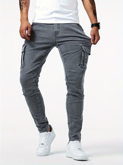 Men’s Denim Cargo Jeans | Utility Streetwear Pants | Tapered Fit