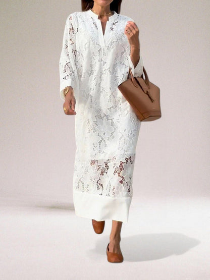 Embroidered Lace Maxi Dress | V-Neckline | Relaxed A-Line Silhouette