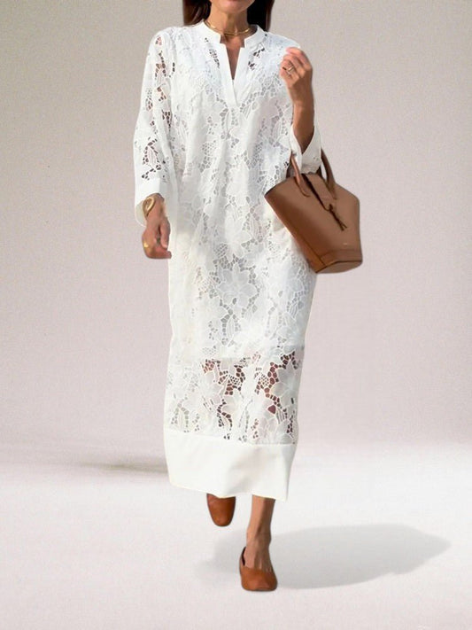 Embroidered Lace Maxi Dress | V-Neckline | Relaxed A-Line Silhouette