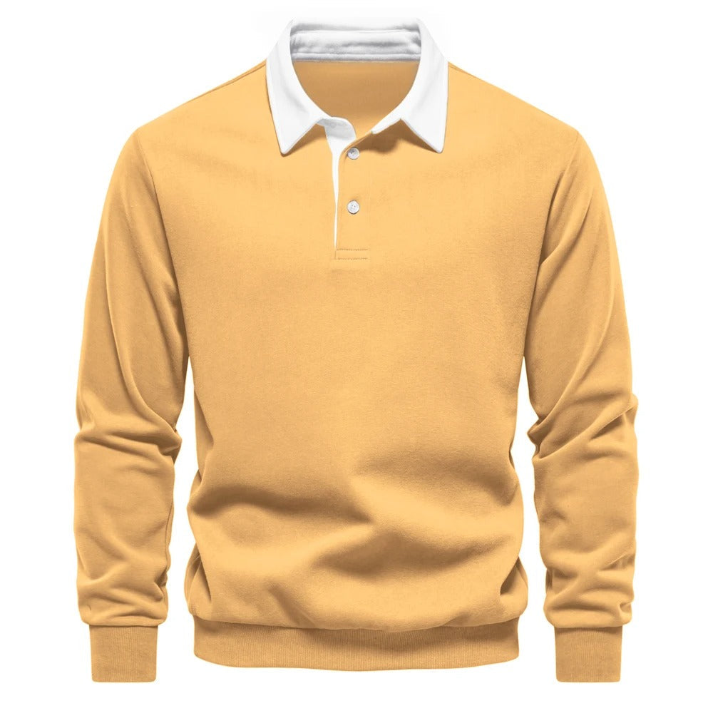Men’s Long Sleeve Polo Sweatshirt | Ribbed Hem Rugby Style | Casual Smart-Collar Pullover