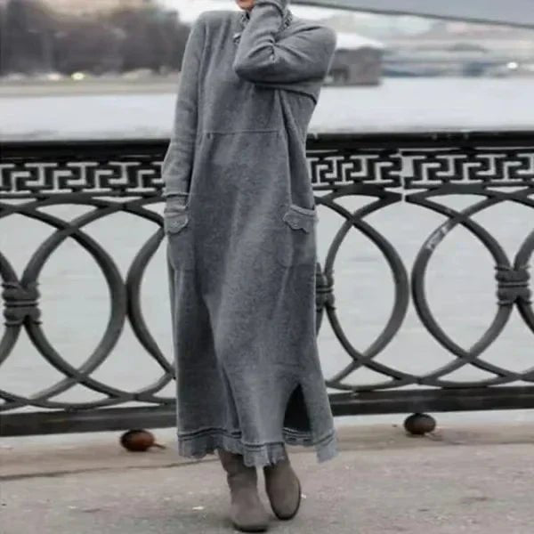 High-Neck Knit Midi Dress | Soft Ribbed Texture with Side Slits and Pockets