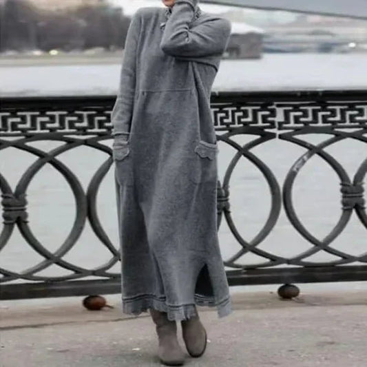 High-Neck Knit Midi Dress | Soft Ribbed Texture with Side Slits and Pockets