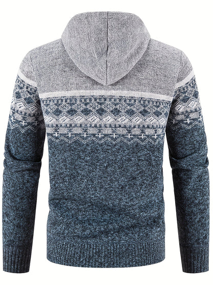 Men’s Zip-Front Knit Hoodie Jacket | Nordic Pattern | Casual Cold-Weather Layer