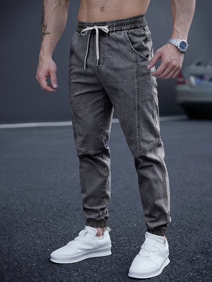 Men’s Drawstring Denim Joggers | Relaxed Fit Streetwear Jeans | Distressed Light Wash