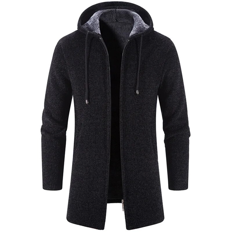 Men’s Longline Hooded Cardigan Jacket | Knit Zip-Up with Drawstring Hood