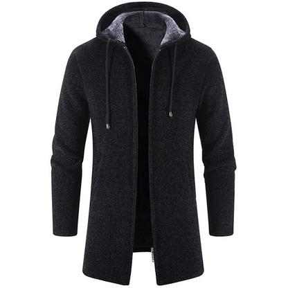 Men’s Longline Hooded Cardigan Jacket | Knit Zip-Up with Drawstring Hood