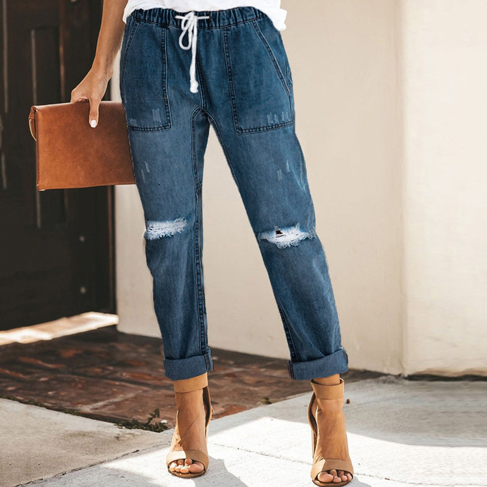 Distressed Denim Jogger Pants | Drawstring Waist Relaxed Jeans | Casual Streetwear Fit