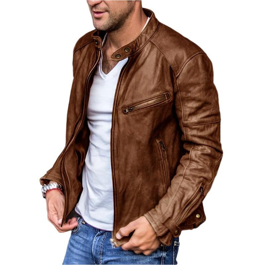 Men’s Faux Leather Moto Jacket | Slim Fit | Zip Pockets & Snap Collar