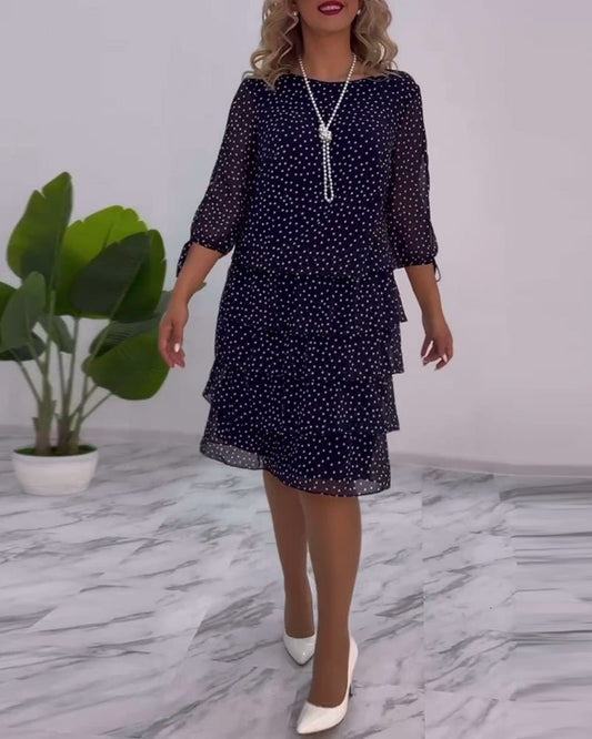 Polka Dot Chiffon Overlay Dress | Sheer Sleeve Detail | Tiered Hem