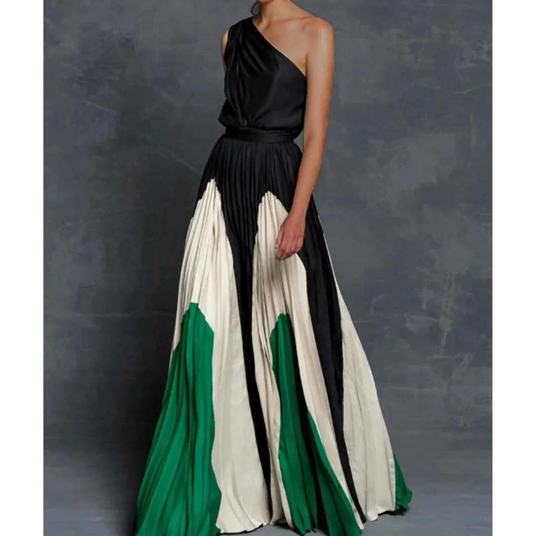 One-Shoulder Pleated Gown | Colourblock Satin | Elegant Formalwear