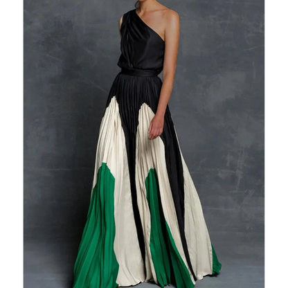 One-Shoulder Pleated Gown | Colourblock Satin | Elegant Formalwear