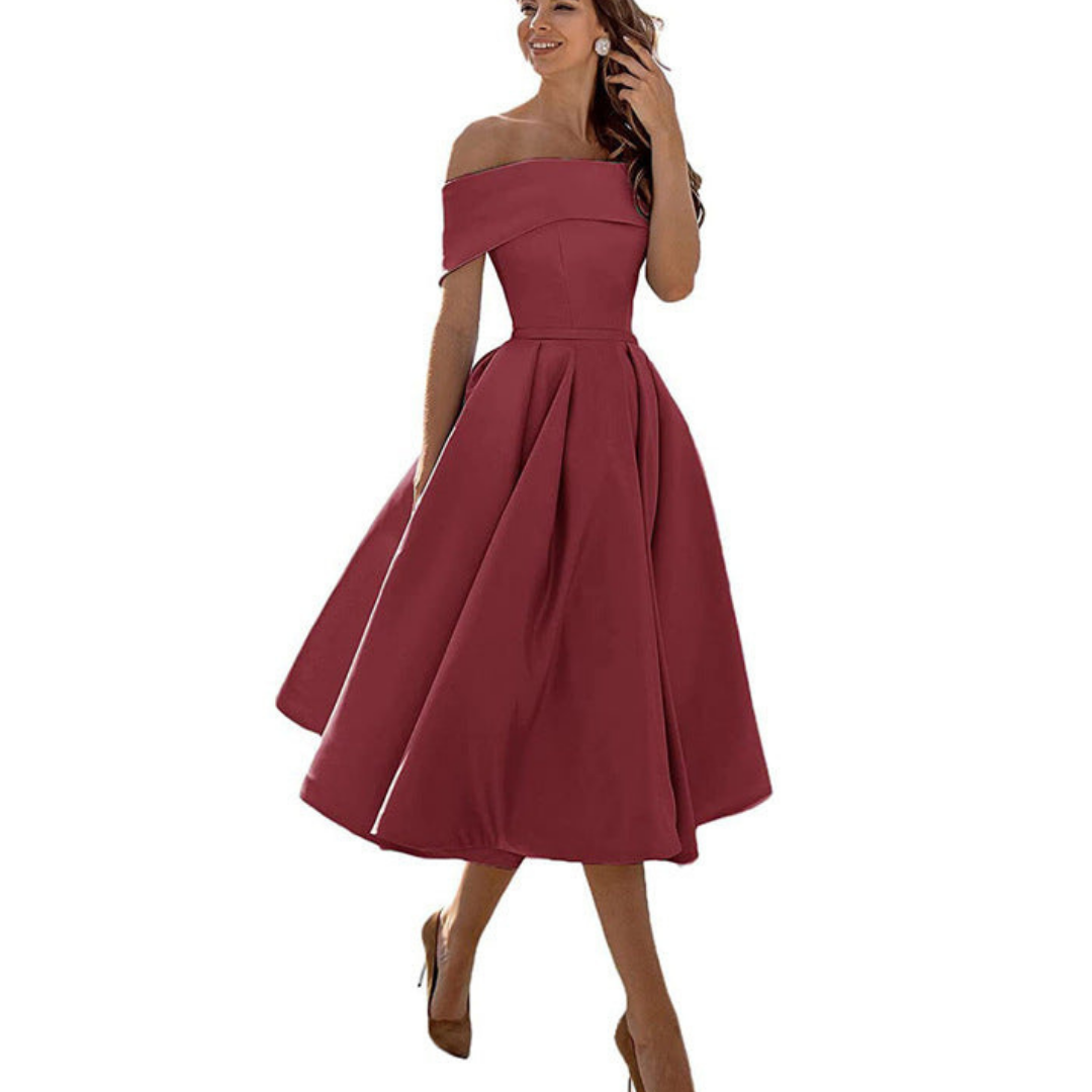 Off-Shoulder Midi Dress | Elegant Fit and Flare | Formal Event Ready