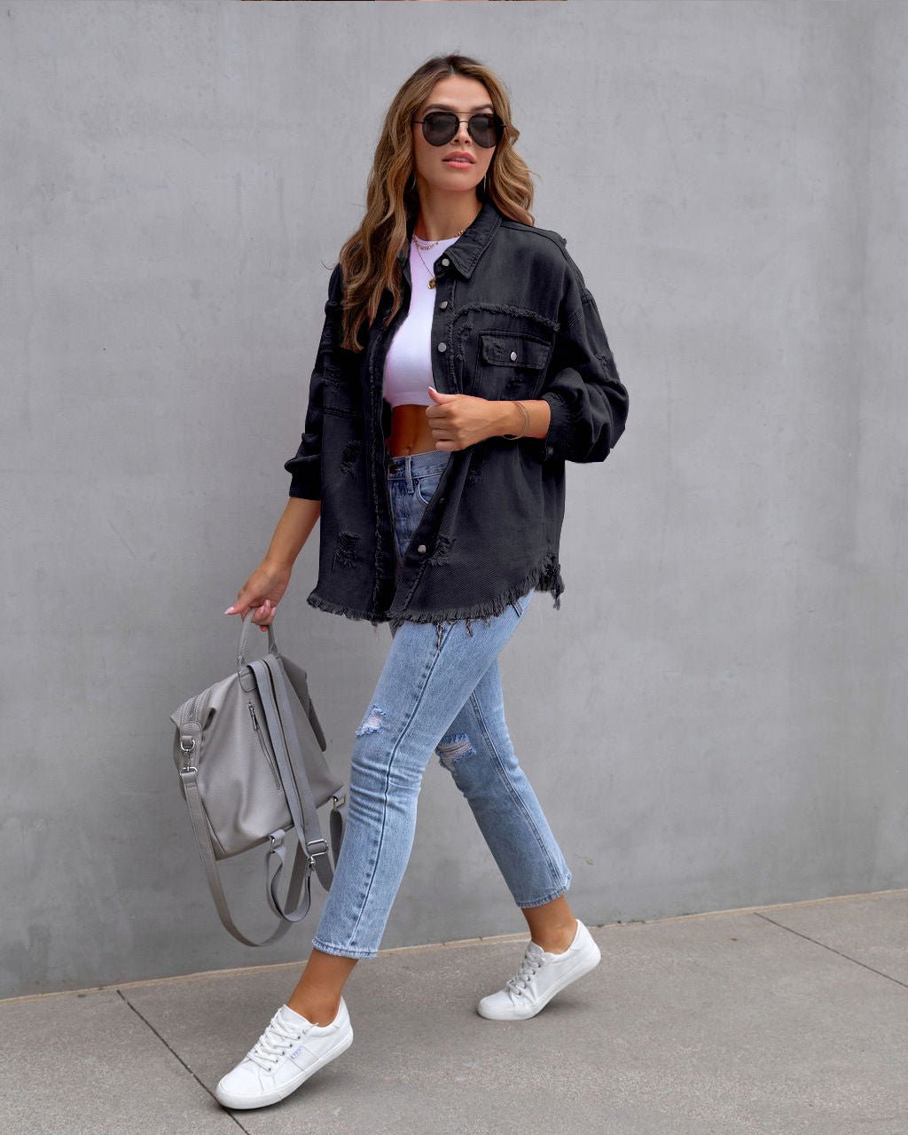 Distressed Denim Shacket | Casual Oversized Fit | Button-Up Style | Trendy Layering