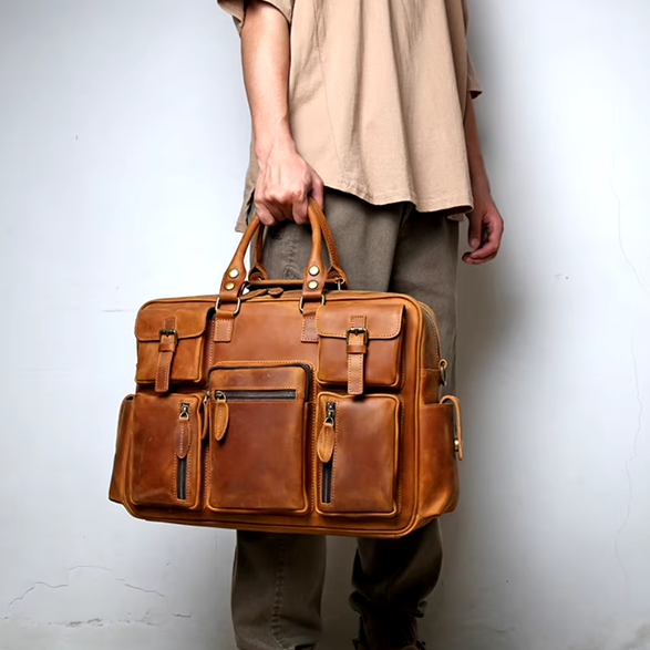 Genuine Leather Duffle Bag | Vintage Travel Holdall | Multi-Pocket Weekender