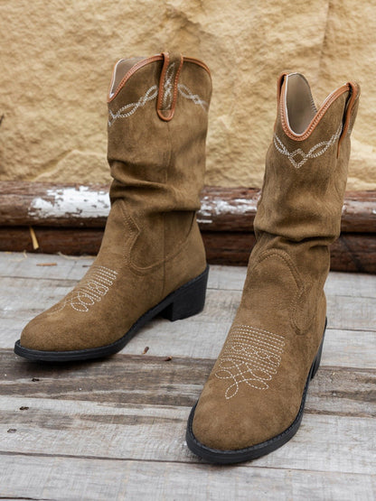 Western Cowboy Boots | Faux Leather | Mid-Calf | Rustic Style
