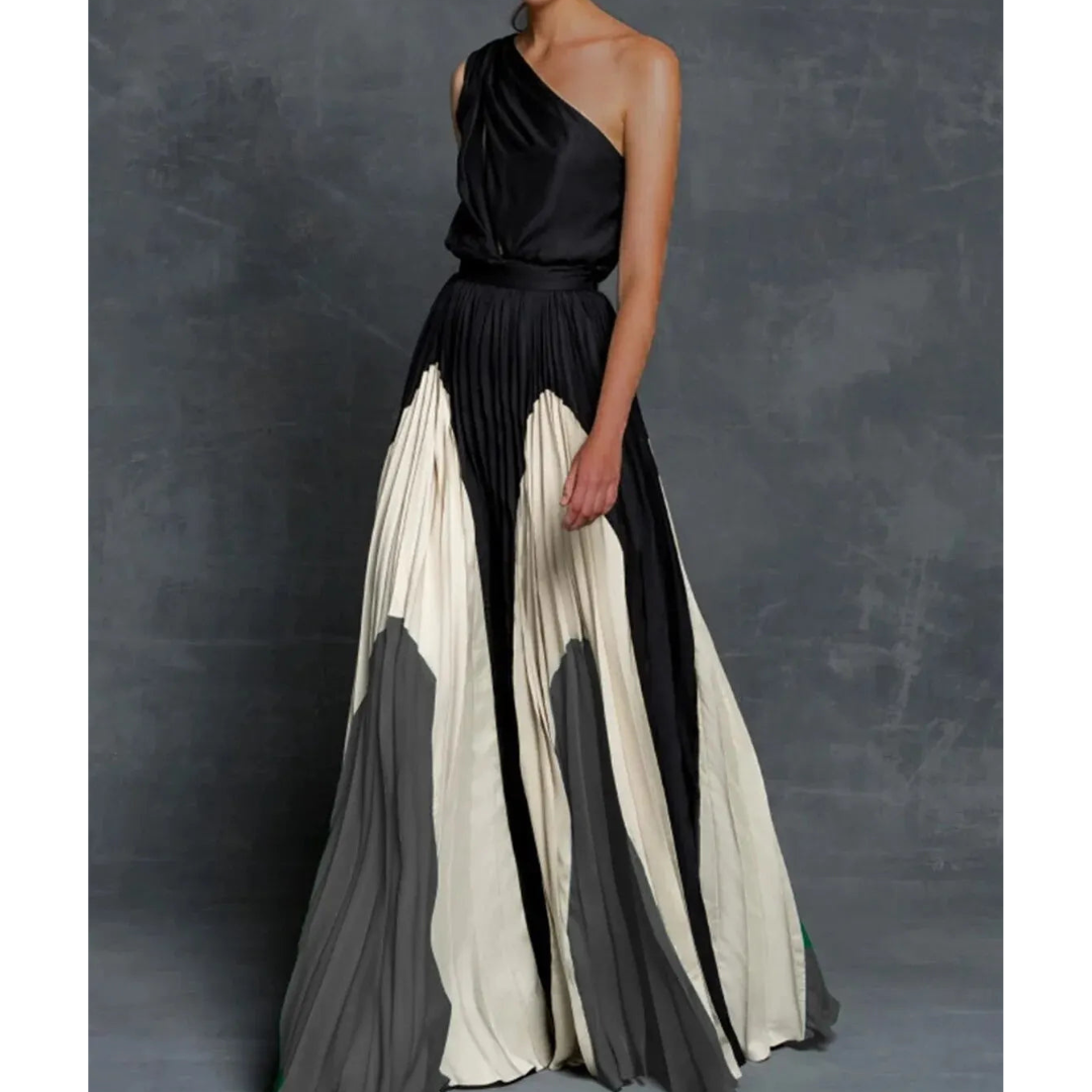 One-Shoulder Pleated Gown | Colourblock Satin | Elegant Formalwear