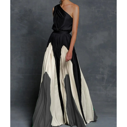 One-Shoulder Pleated Gown | Colourblock Satin | Elegant Formalwear