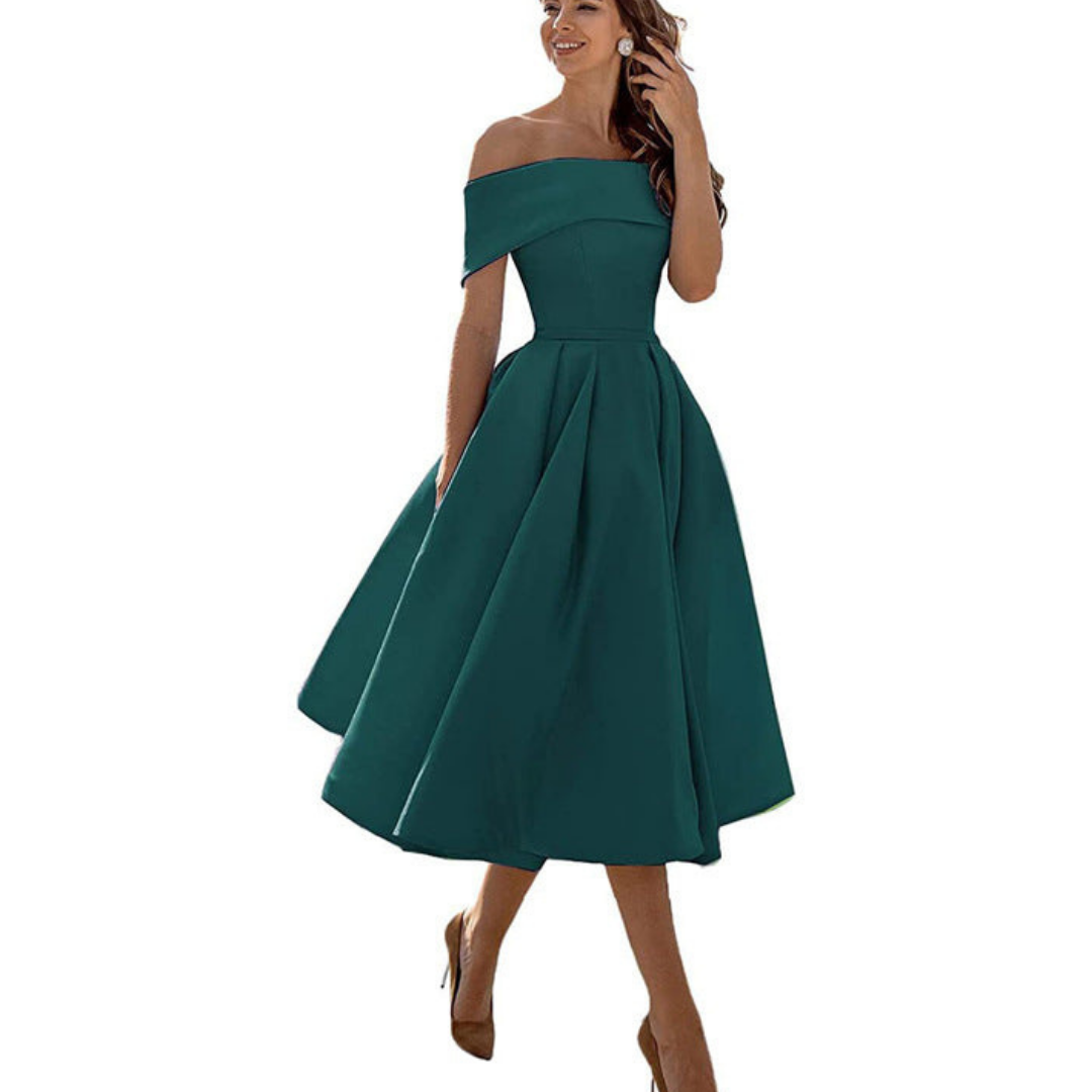 Off-Shoulder Midi Dress | Elegant Fit and Flare | Formal Event Ready