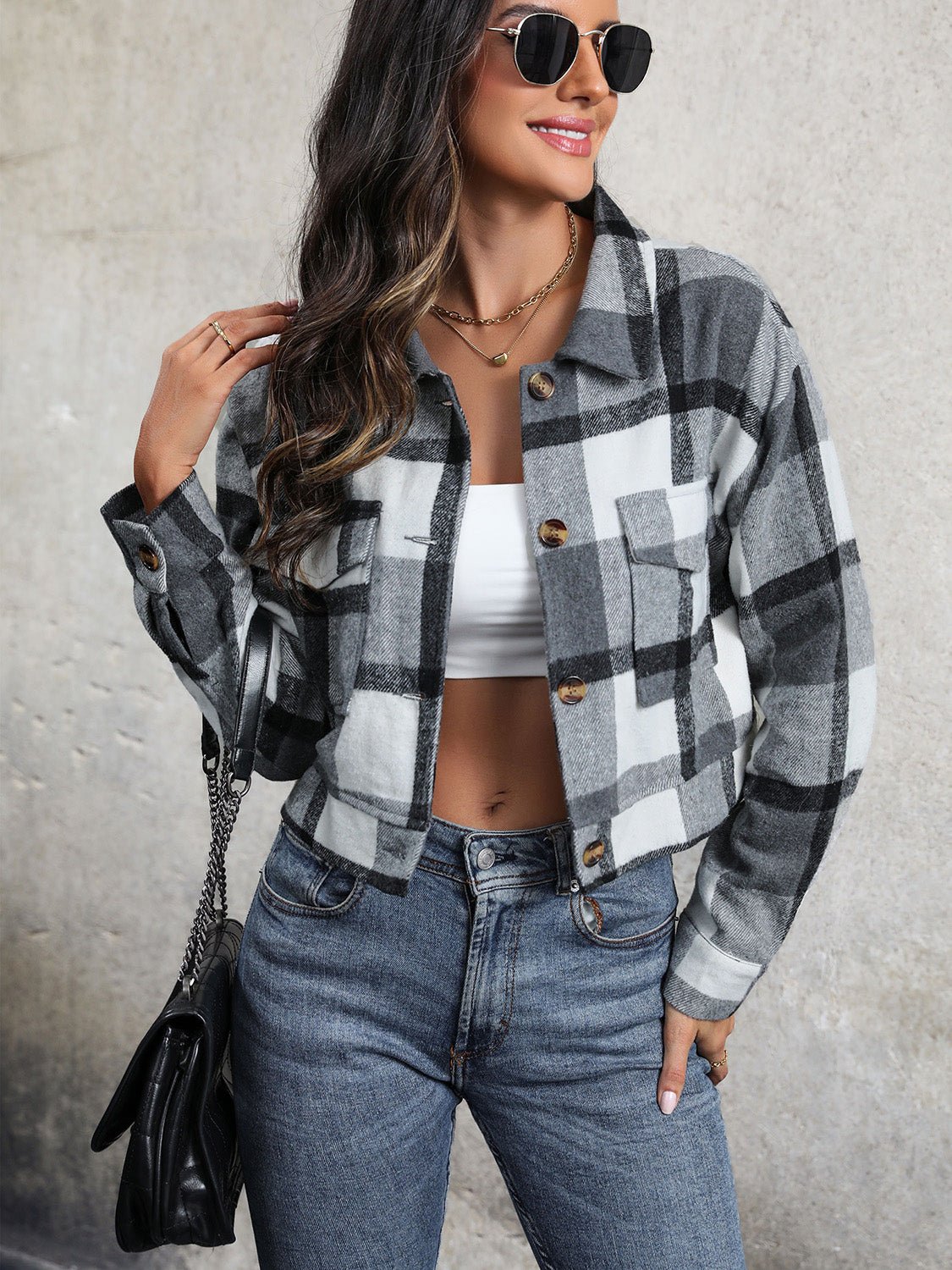 Cropped Plaid Jacket | Trendy Button-Down Design | Lightweight Polyester Blend | Casual Layering