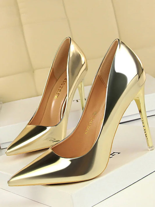 Pointed Toe Stiletto Heels | High-Shine Metallic Finish | Elegant Party Pumps