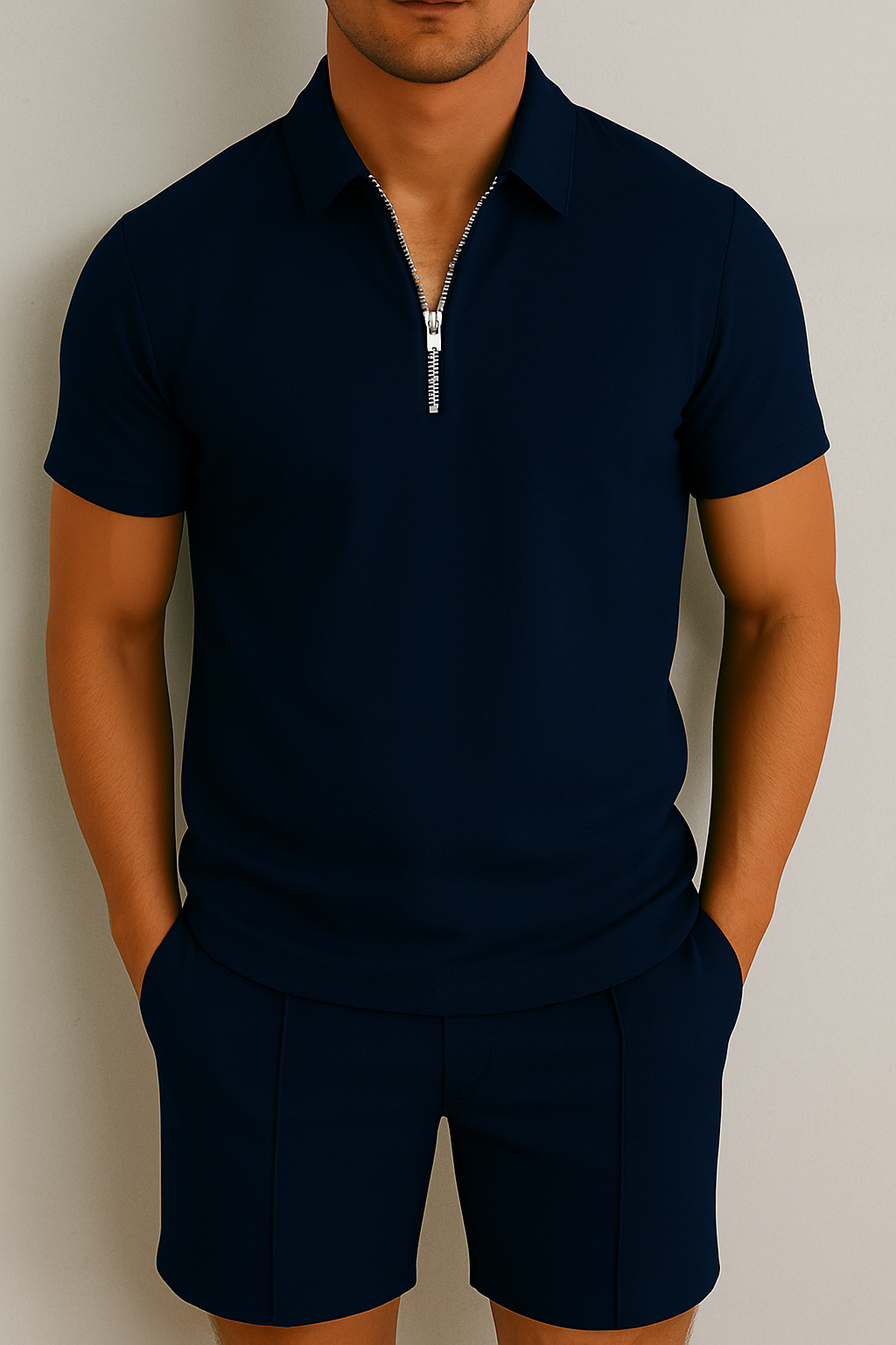 Men’s Zip Polo Knit Set | Textured Short-Sleeve Top & Lounge Shorts