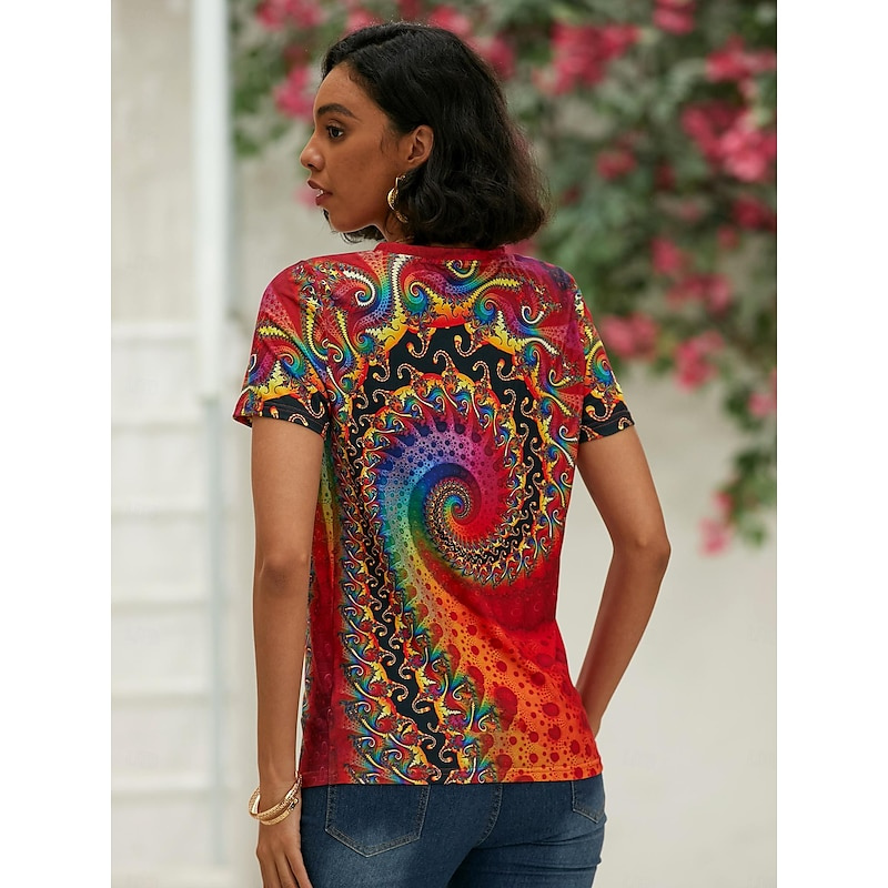 V-Neck Psychedelic Print Tee | Lightweight Jersey | Short Sleeve