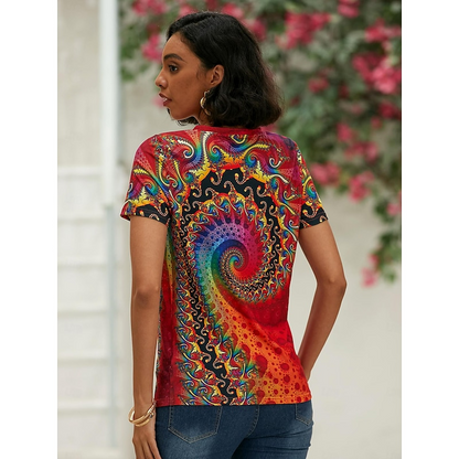 V-Neck Psychedelic Print Tee | Lightweight Jersey | Short Sleeve
