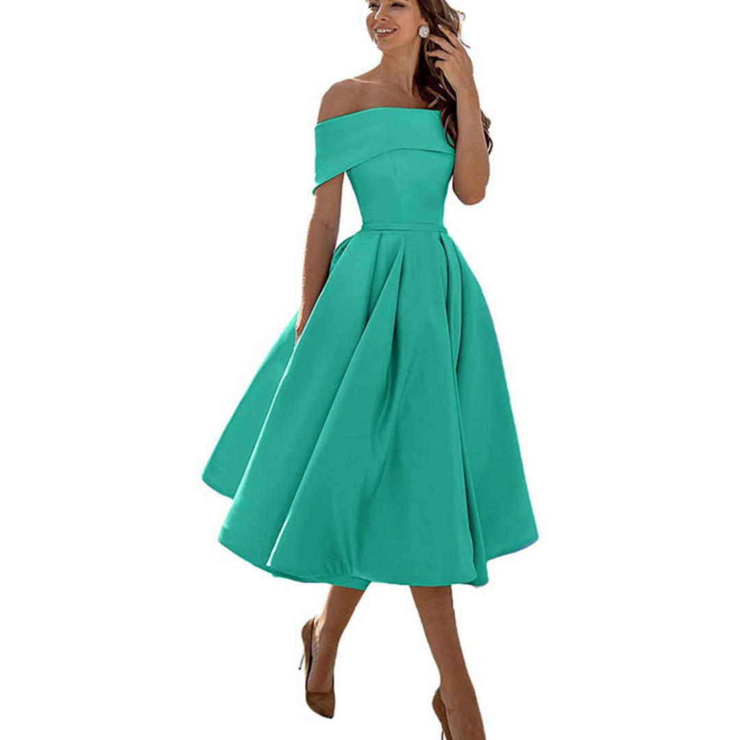 Off-Shoulder Midi Dress | Elegant Fit and Flare | Formal Event Ready