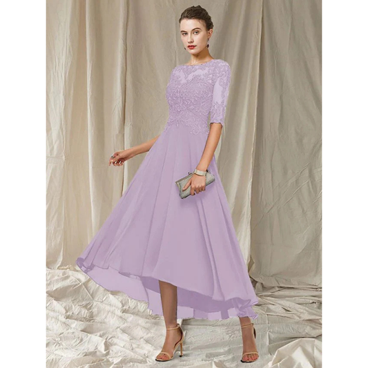 Lace Bodice High-Low Dress | Half Sleeve Chiffon Skirt | Elegant Formal Eveningwear