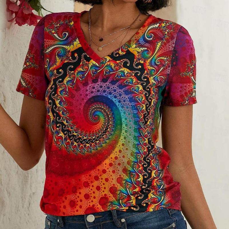 V-Neck Psychedelic Print Tee | Lightweight Jersey | Short Sleeve