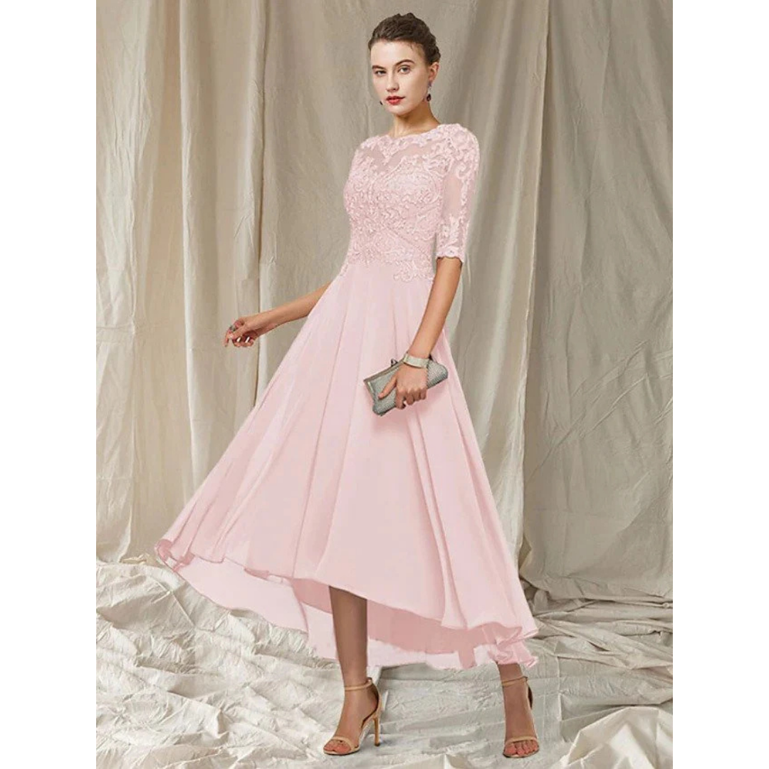 Lace Bodice High-Low Dress | Half Sleeve Chiffon Skirt | Elegant Formal Eveningwear