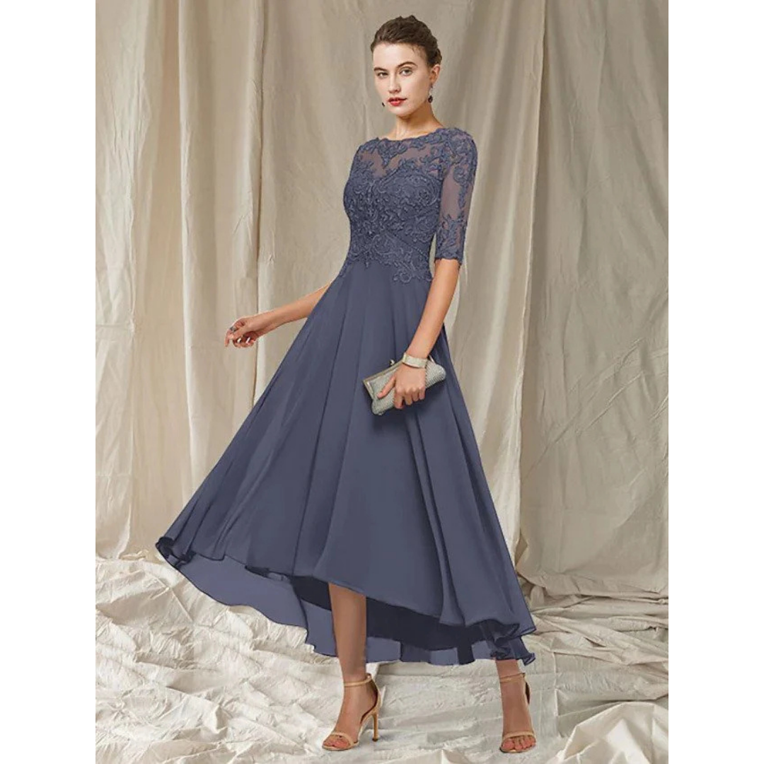Lace Bodice High-Low Dress | Half Sleeve Chiffon Skirt | Elegant Formal Eveningwear