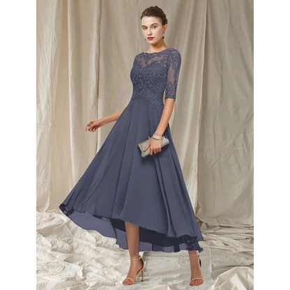 Lace Bodice High-Low Dress | Half Sleeve Chiffon Skirt | Elegant Formal Eveningwear