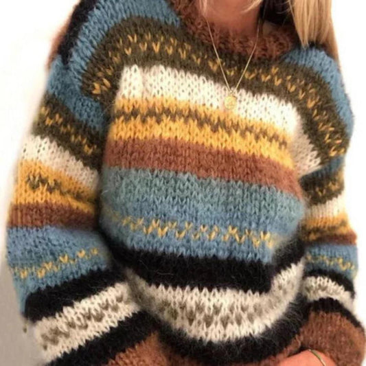 Women’s Chunky Knit Sweater | Fuzzy Striped Pullover | Relaxed Fit Winter Knit