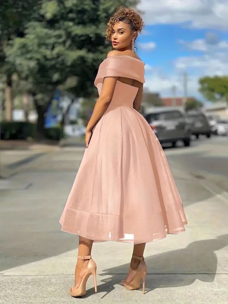 Off-Shoulder Midi Party Dress | Fit-and-Flare | Pleated Skirt