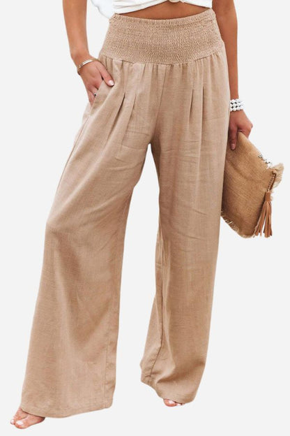 Women's Linen Blend Wide-Leg Pants | High Waist Smocked Waistband | Casual Summer Trousers
