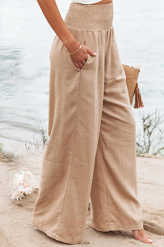 Women's Linen Blend Wide-Leg Pants | High Waist Smocked Waistband | Casual Summer Trousers