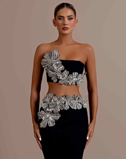 One-Shoulder Embellished Evening Gown | Floral Appliqué Detail | Elegant Formal Dress