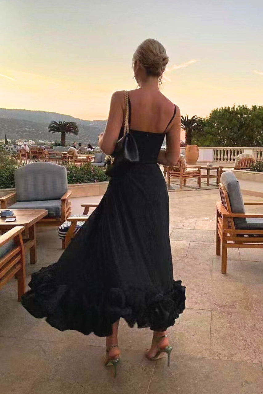 Ruffle-Hem Midi Dress | Spaghetti Straps & Fitted Bodice | Sky Blue Formal Look