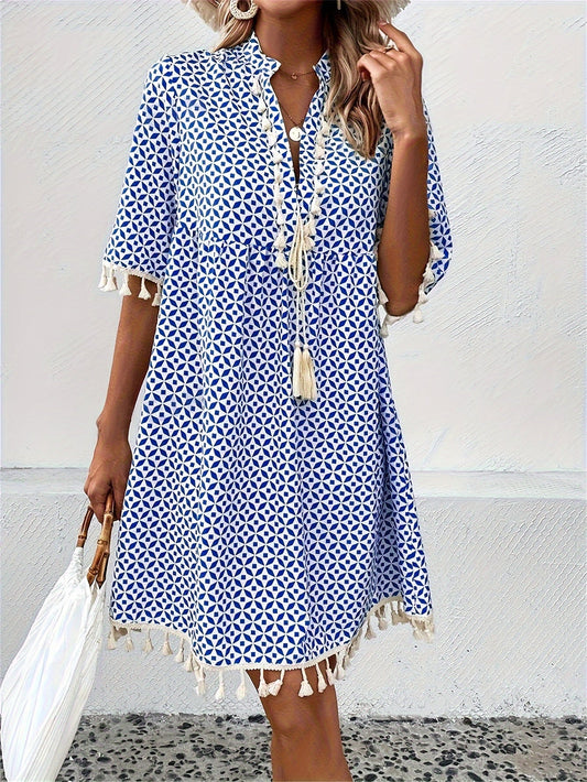Boho Tassel Mini Dress | Lightweight Printed Cotton | Relaxed Fit Summer Style