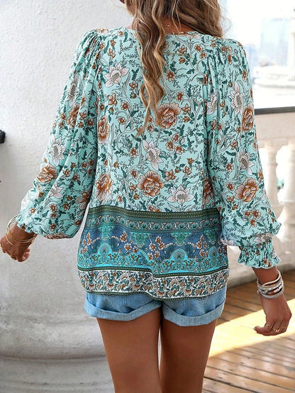 Boho Floral Peasant Blouse | Lightweight Rayon | Tie Neck Detail