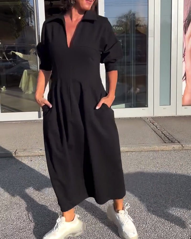 Collared Midi Dress | Relaxed Fit with Pockets and V-Neckline