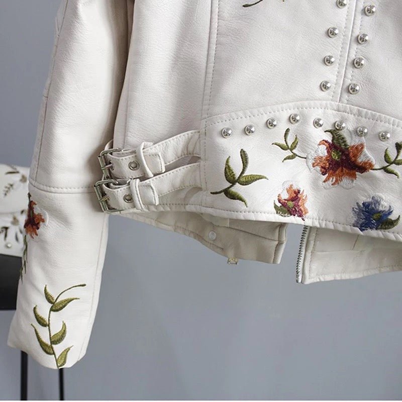 Floral Embroidered Faux Leather Jacket | Studded Details | Bold Moto Style | Versatile Outerwear