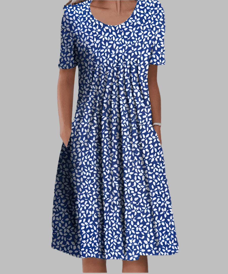 Floral Pleated Midi Dress | Short Sleeve | Scoop Neck with Pockets